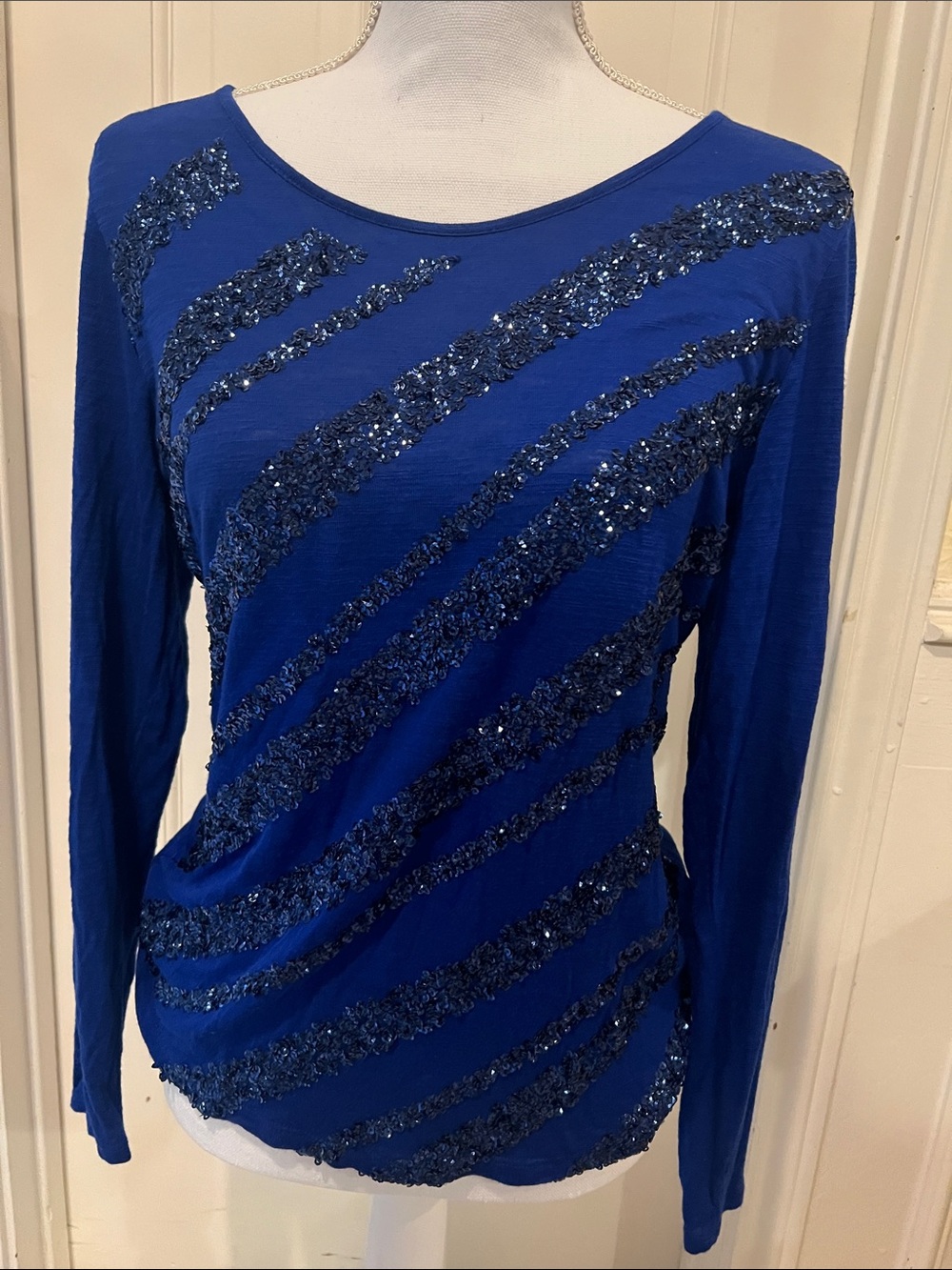 Coldwater Creek XS 4-6 Royal Blue Sequin Diagonal Stripe Long-Sleeve Tee